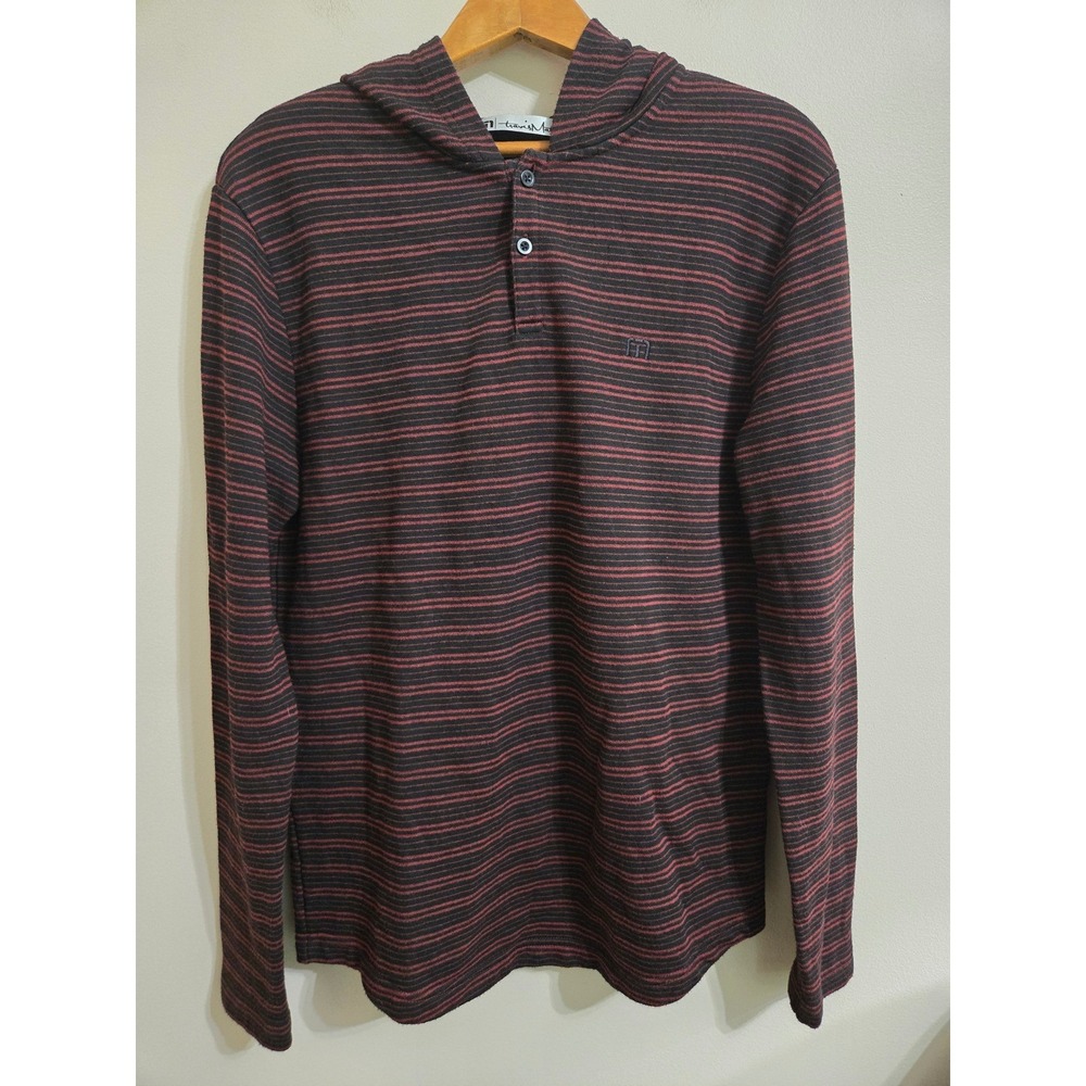 TravisMathew Mens‎ M Black Burgundy Striped Henley Hoodie Long Sleeve Shirt